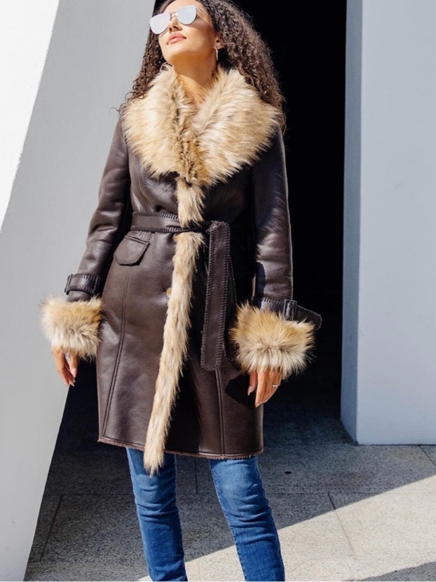 Fabulous Furs Dark Brown Faux Leather Trench With Tan Fur Trim